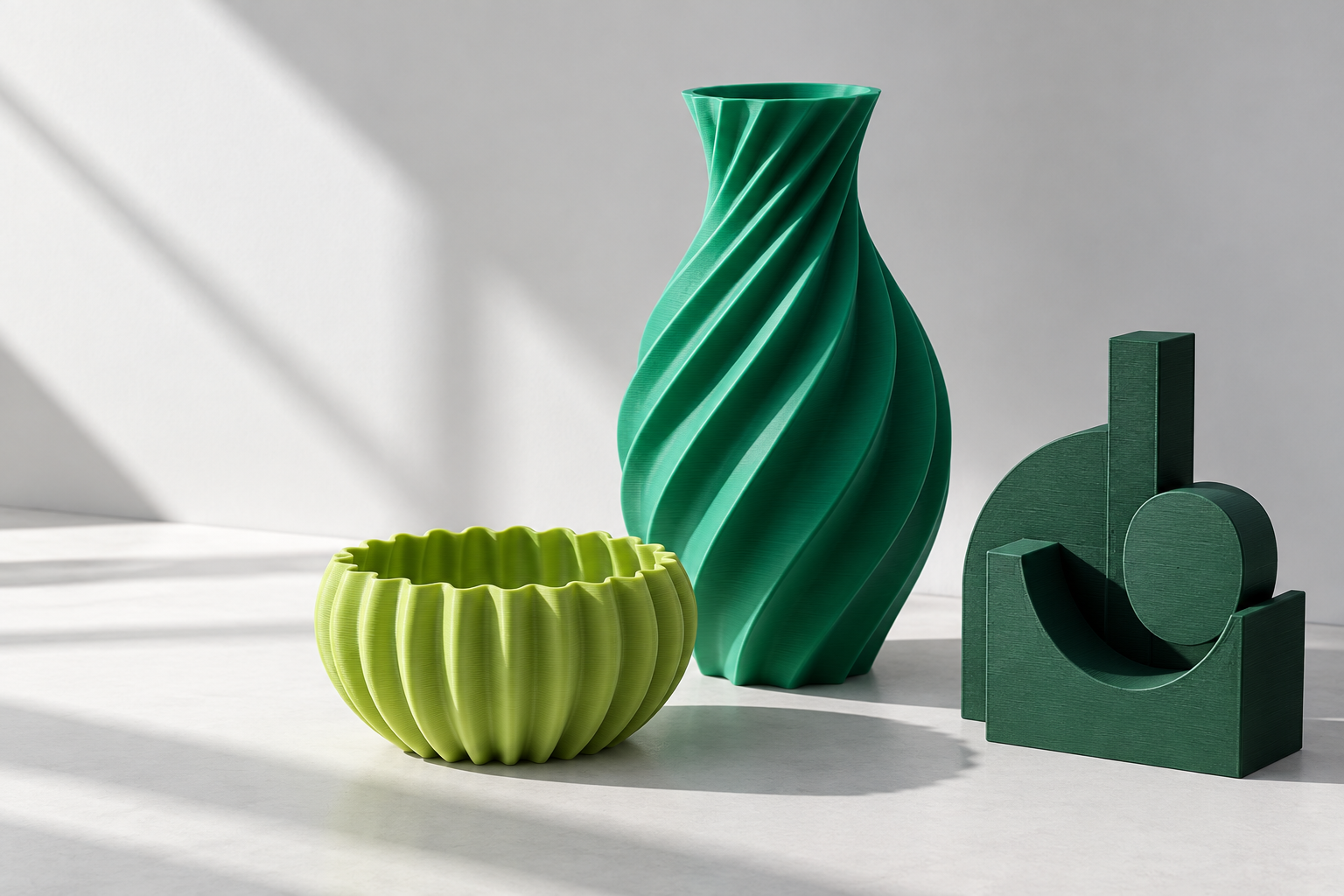 Concept dimostrativo: vaso, ciotola e accessorio geometrico verdi con texture a strati
