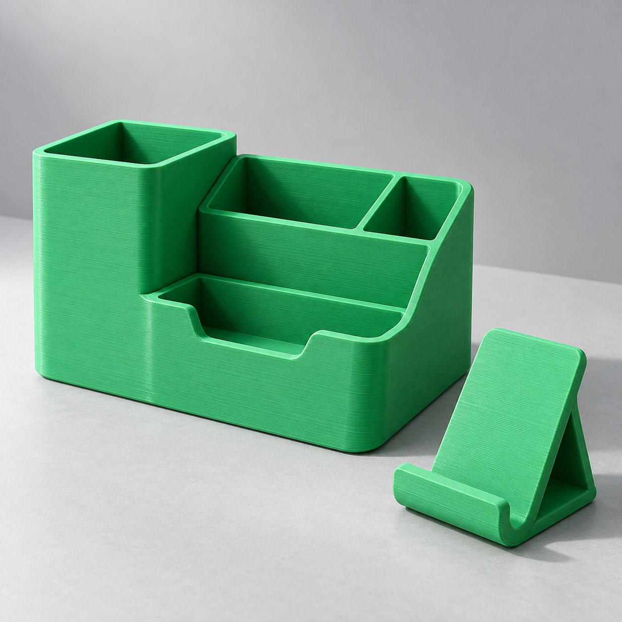 Concept di organizer verde da scrivania con supporto per telefono
